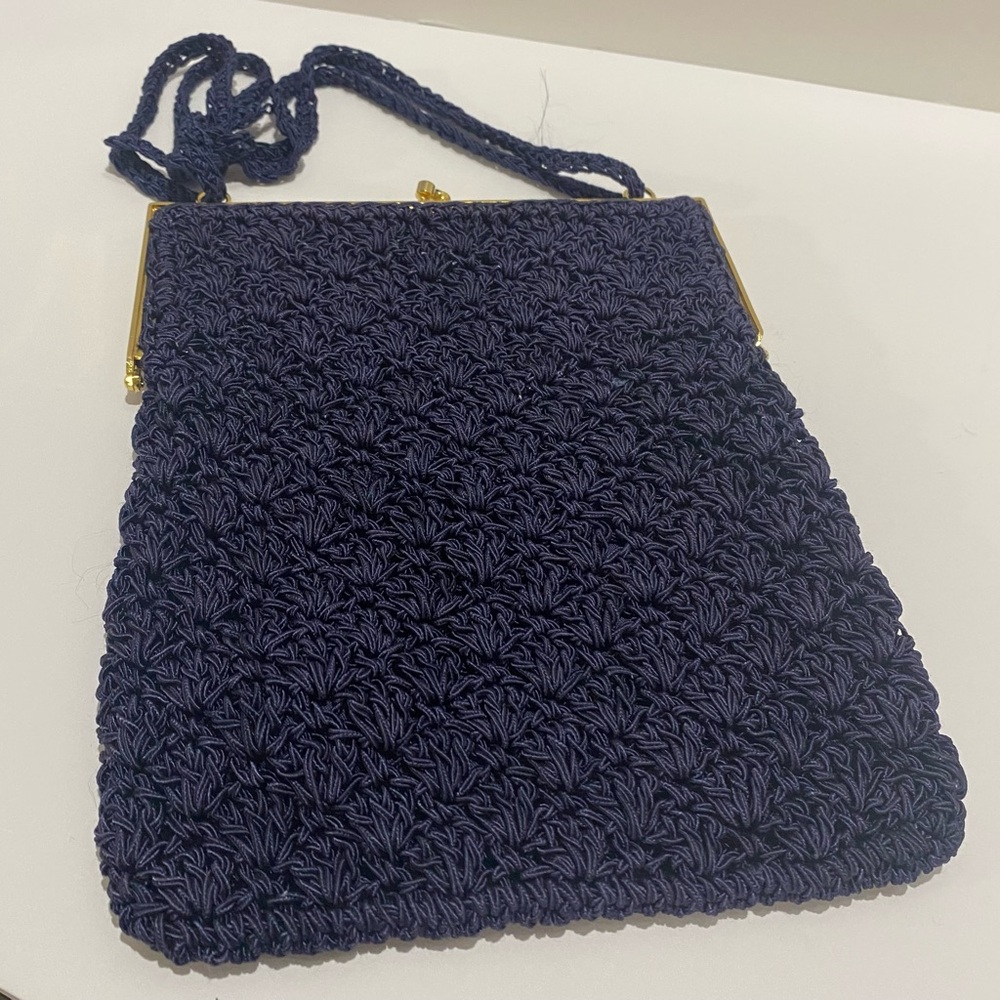 ADG Crochet Navy Blue Evening Bag Kiss Lock Close Adjustable Strap Hong Kong VTG